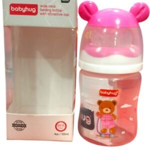 Babyhug Wide Neck Feeding Bottle with Attractive Cap – 125ml (0+ Months, Pink Bear Print)