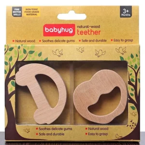 Babyhug Natural-Wood Teether Set – Pack of 2 (Alphabet D & Lips Design)